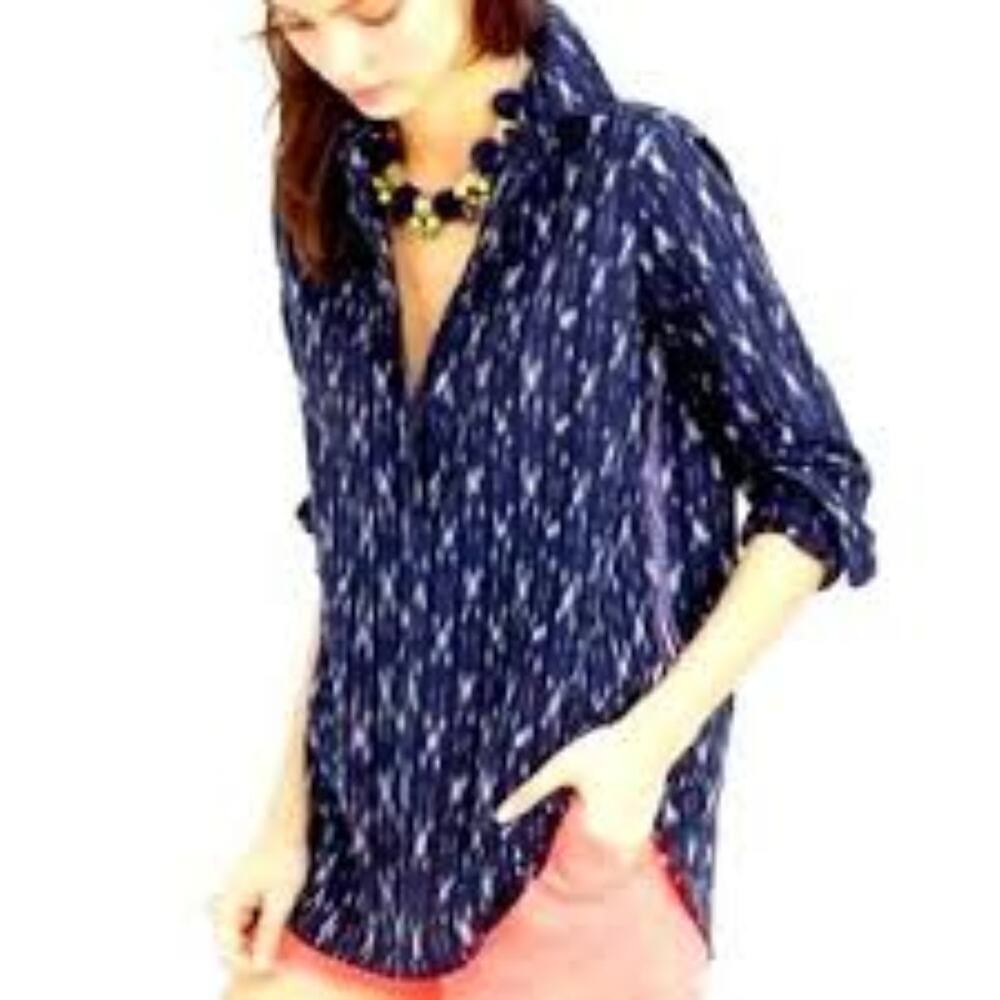 J. Crew Factory Ikat Cotton Blue Tunic Blouse Women's XS Coastal Bohemian
